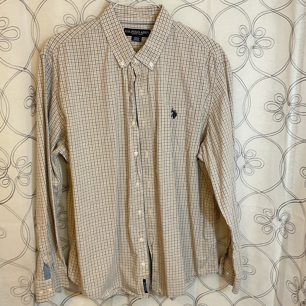 Men's U.S.‎ Polo Assn. Brown Gray White Stripe Button Up Long Sleeve Size XL